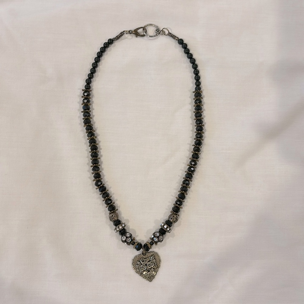 Black Spinel Gold and Silver Colored Beaded Necklace With Heart Pendant.